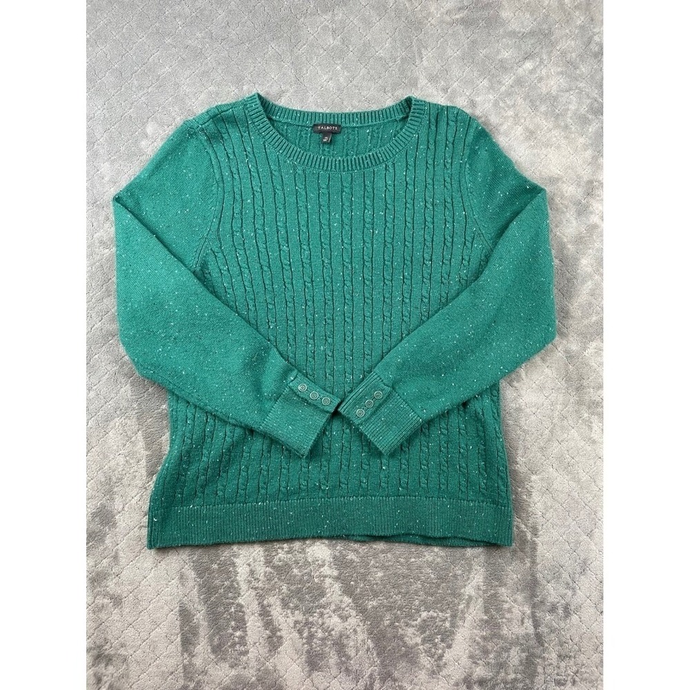 Talbots Green Cable Knit Sweater Speckled Sparkle Button Cuff Women's‎ XL